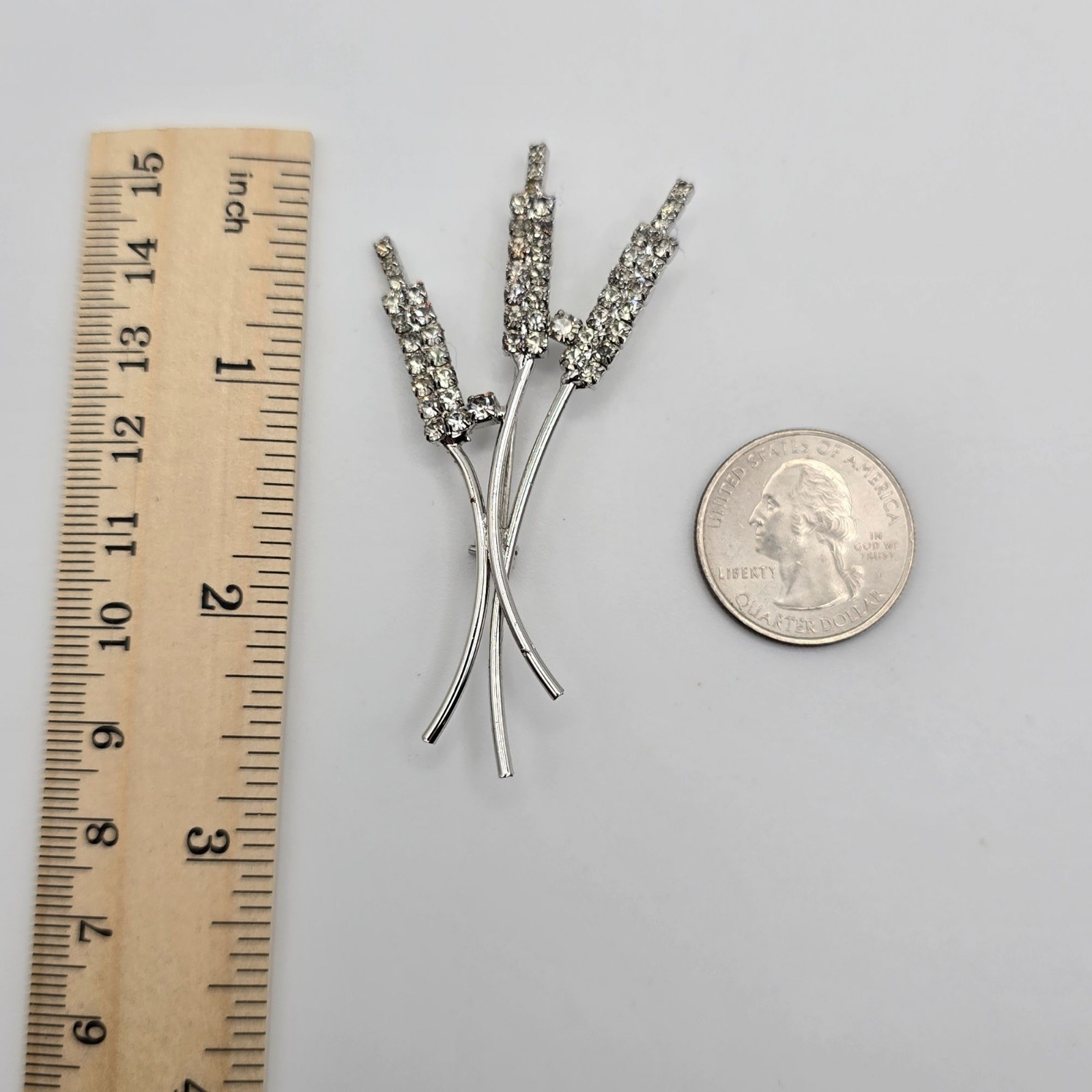 VTG Brooch Botanical Fall Harvest Cattail Silver Tone Floral STMT Rhinestone Pin
