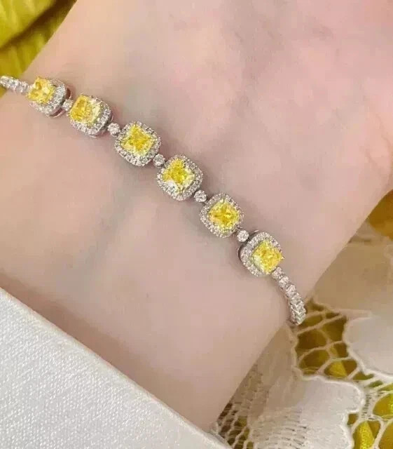 15TCW Cushion Lab Created Canary & Diamond Tennis Bracelet 925 Sterling Silver