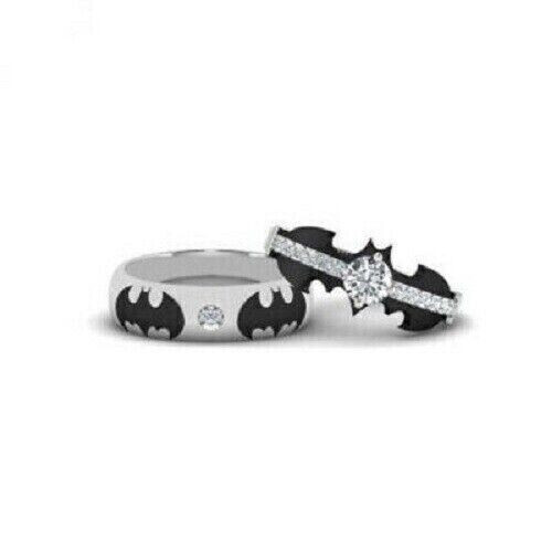 2CT Round Simulated Diamond Bridal Set Batman Ring Real 925 White SterlingSilver