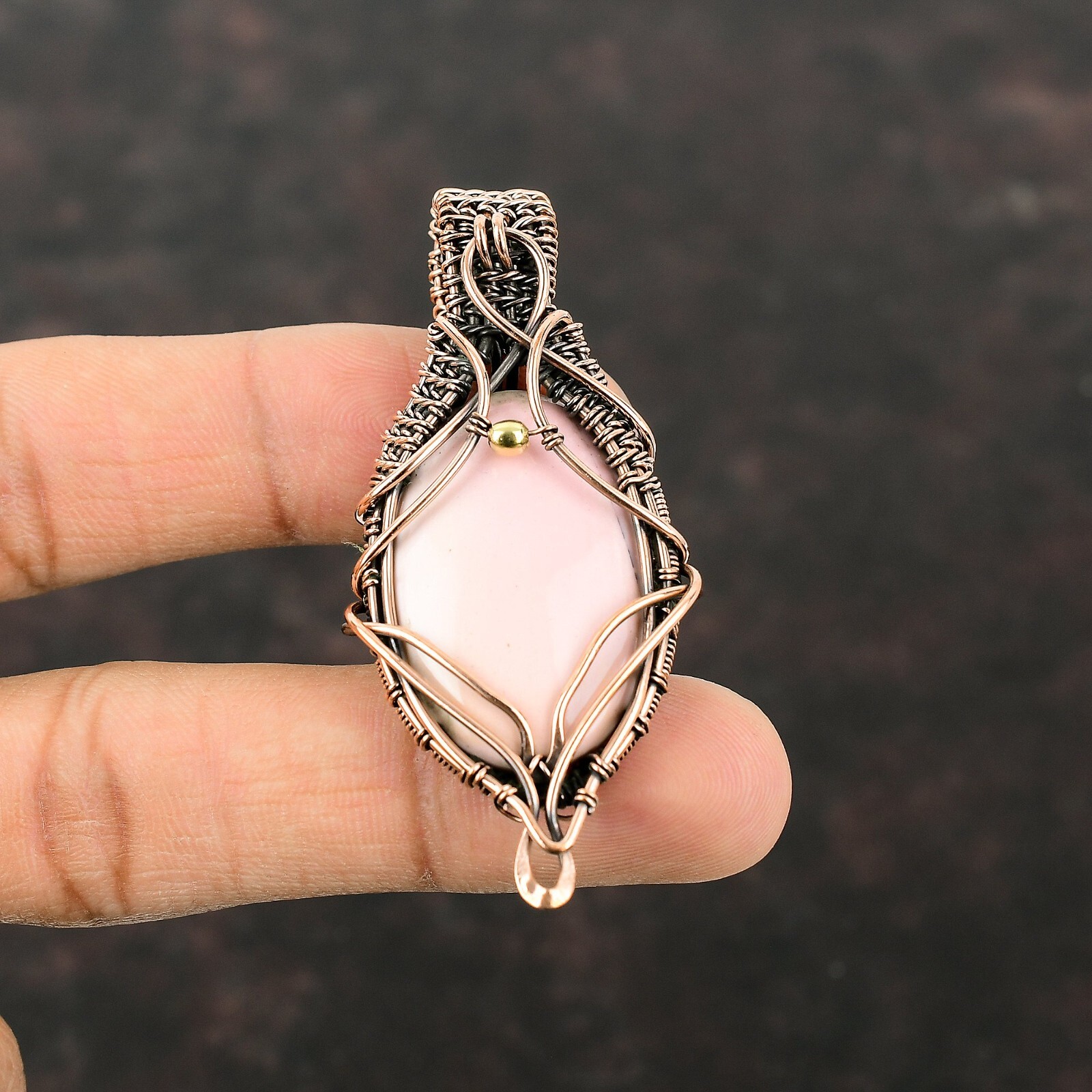 Wedding Gift For Her Copper Pink Opal Jewelry Wire Wrapped Pendant 2.56″