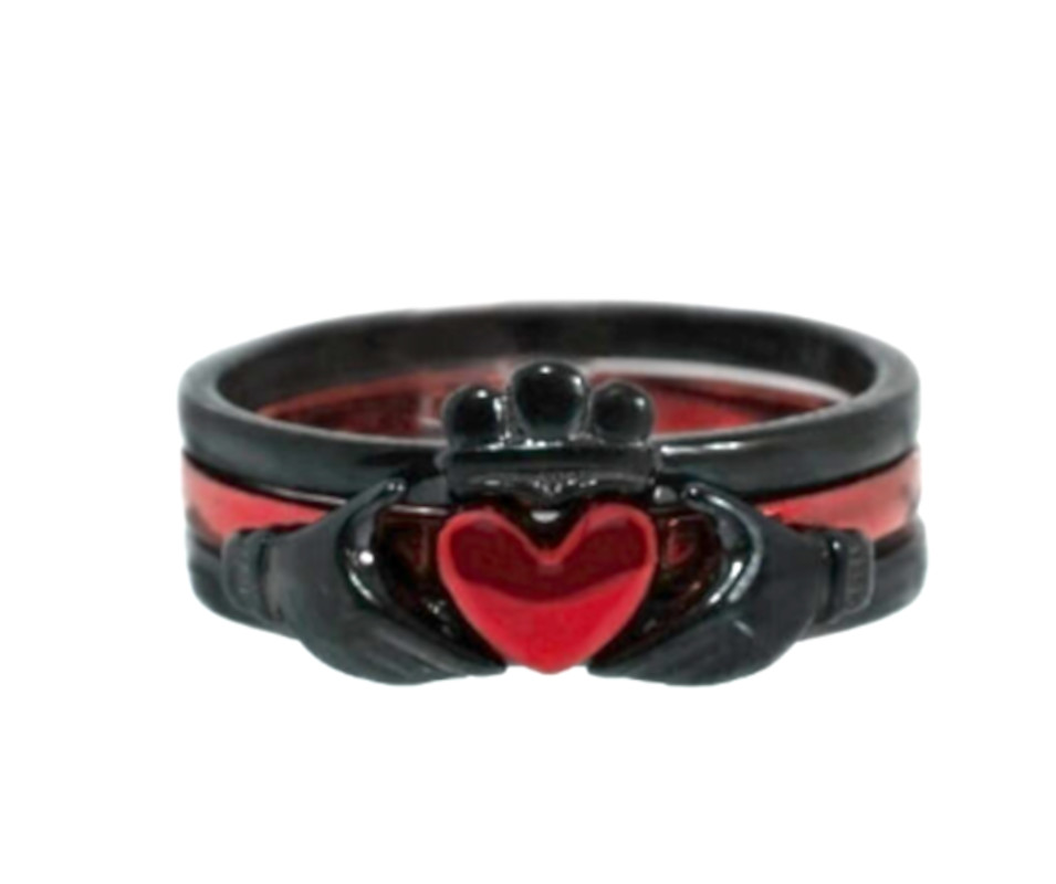 Red Heart Claddagh Ring Black IP Stainless Steel 3 Pc Set Sizes 5 10 12