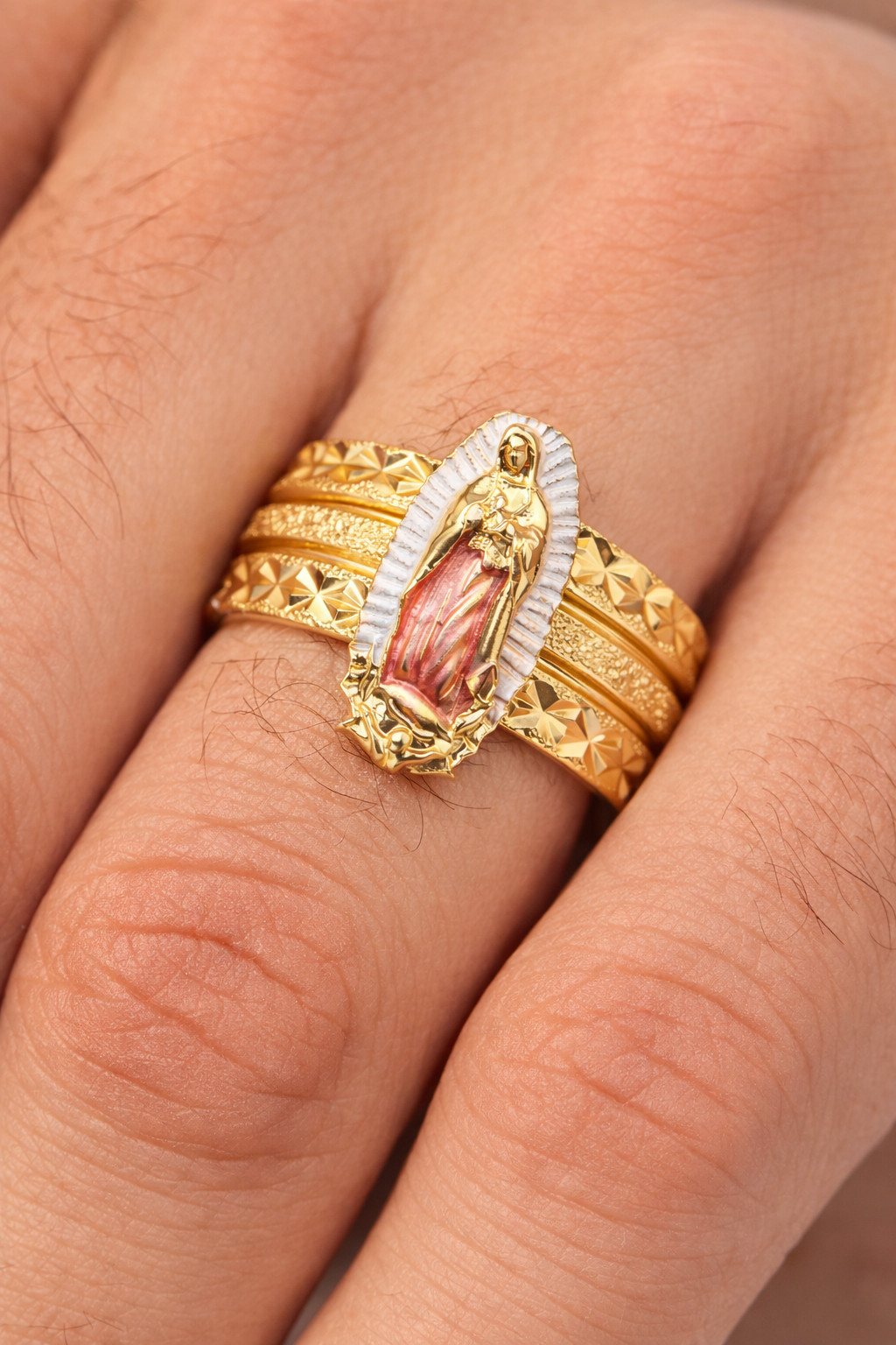 Italian 1/200 14k Yellow Gold Virgin Mary Ring Religious Catholic Ring Men Women