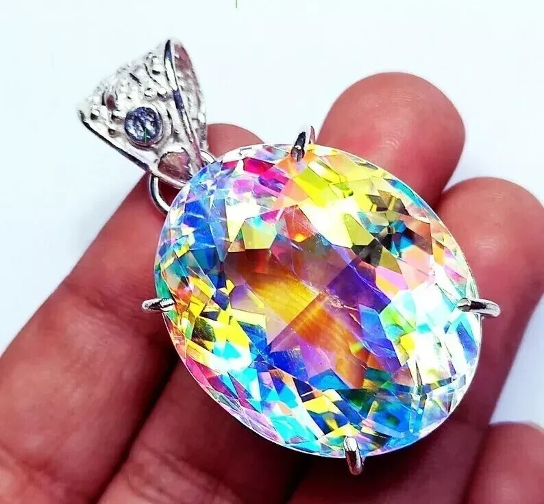 Natural Oval Mystic Topaz 98.15 Ct+ 925 Solid Silver Rainbow Pendant Gemstone