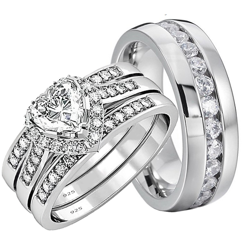 His and Hers Wedding Rings 4 pcs Engagement Sterling Silver Stainless Steel Set