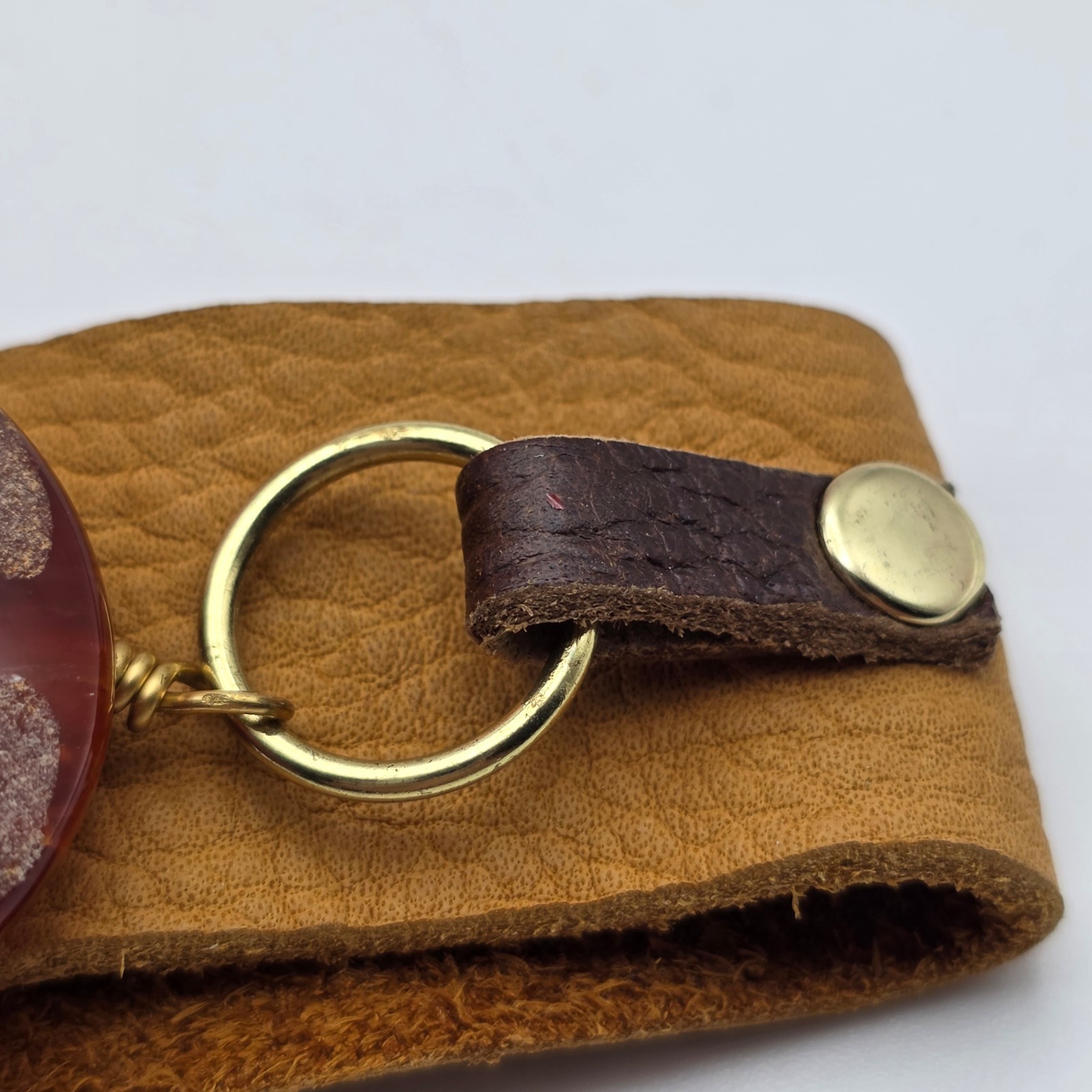 Vintage Artisan Brown Leather Cuff Bracelet Maroon Glass Cabochon Gold Tone Boho
