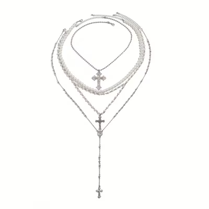 4pcs Men’ Minimalist Choker Necklace with Cross Pendant & Faux Pearls # 3010