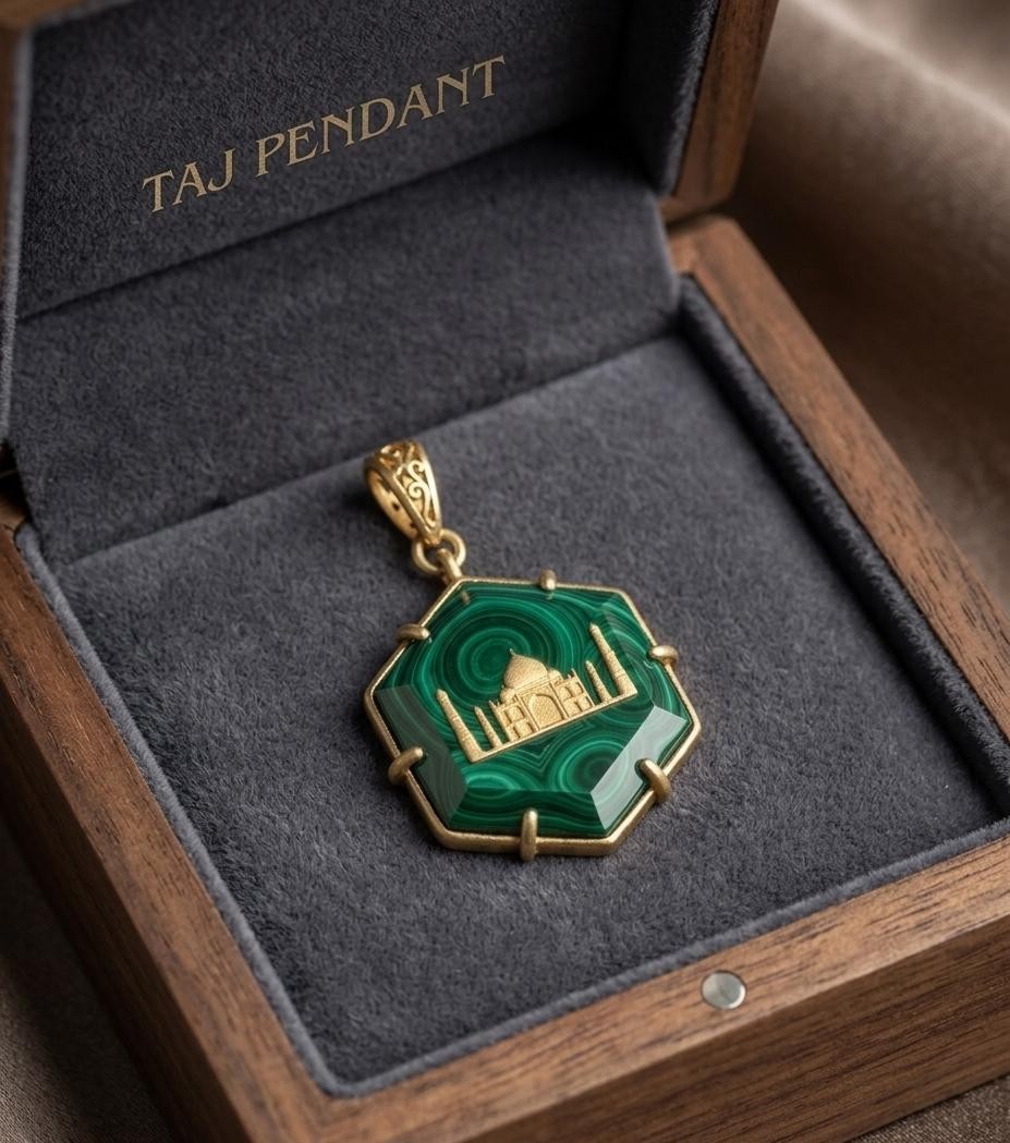 Natural Malachite Stone Taj mahal Pendant 925 sterling silver gold plated