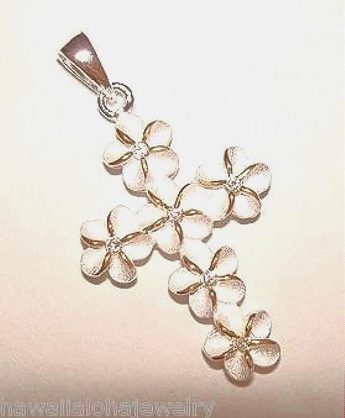 18mm 2T Yellow Gold Plated 925 Silver Hawaiian Cutout Plumeria CZ Cross Pendant