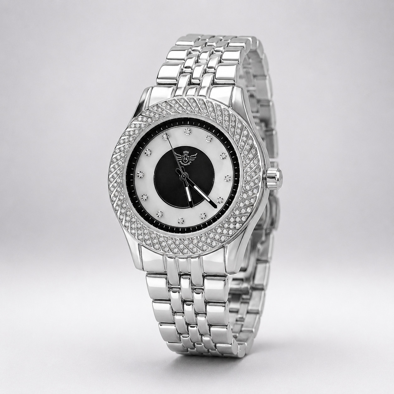 Iced Out Silver Mens Watch Japan Quartz Crystal Bezel Dress Luxury 43mm