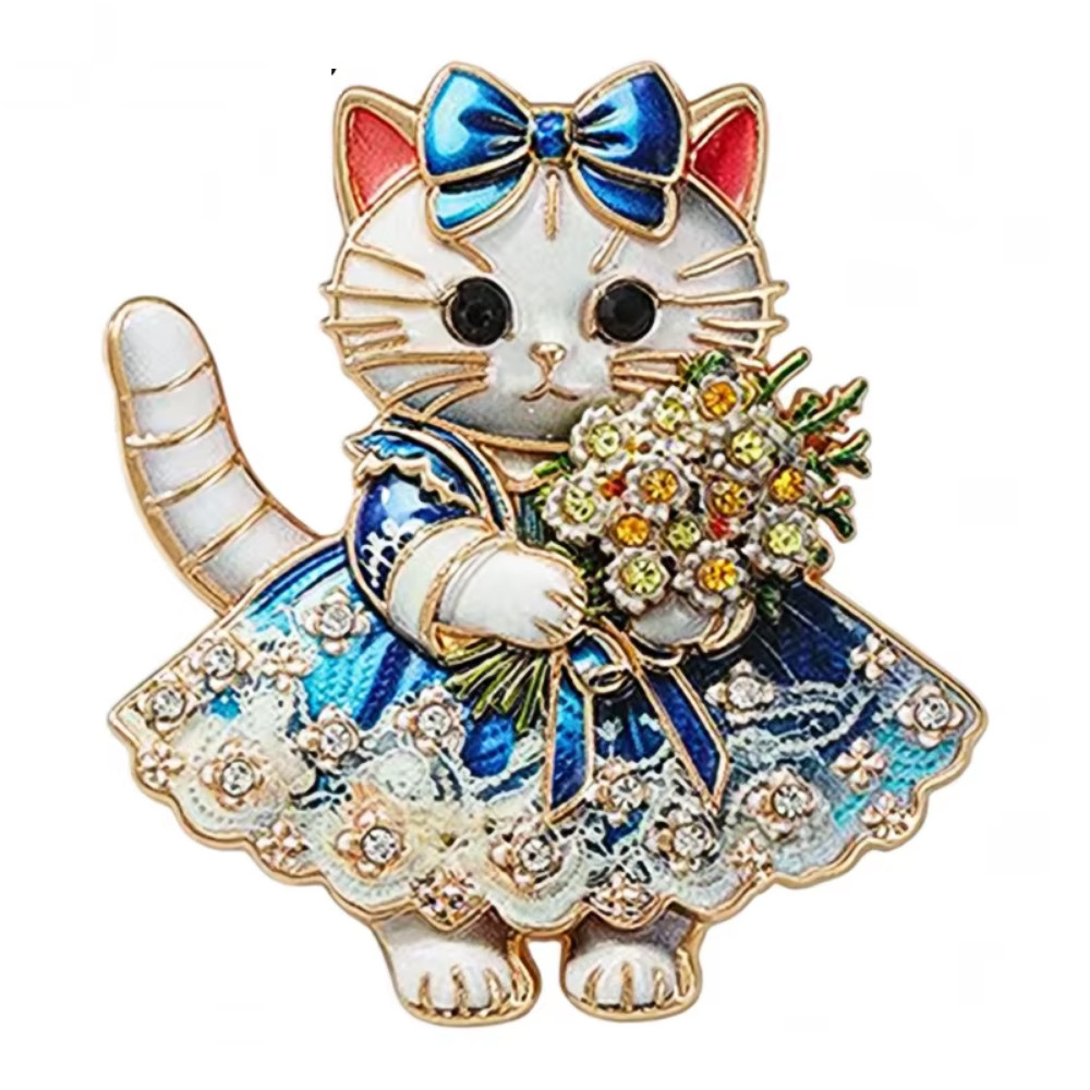 Blue Cat Brooch Pin Rhinestone Crystal Kitten Flower Bouquet Animal Jewelry Gift