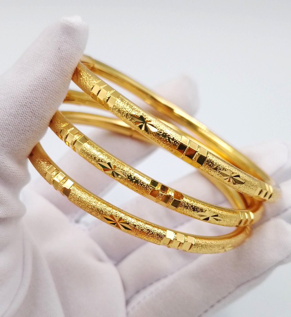 Set 3 Bangle Bracelets 23K 24K Thai Baht Gold GP Filled Women Girls Gift 5.7 cm