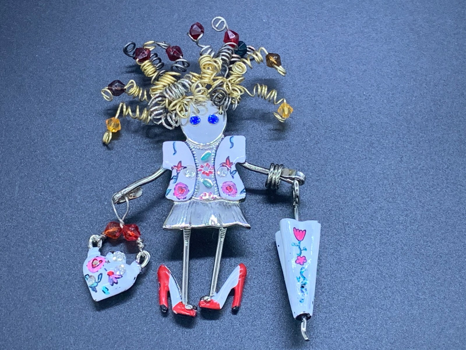 MODERNIST ARTS CRAFTS PORCELAIN METAL SPRING BEAD GIRL PURSE UMBRELLA BROOCH