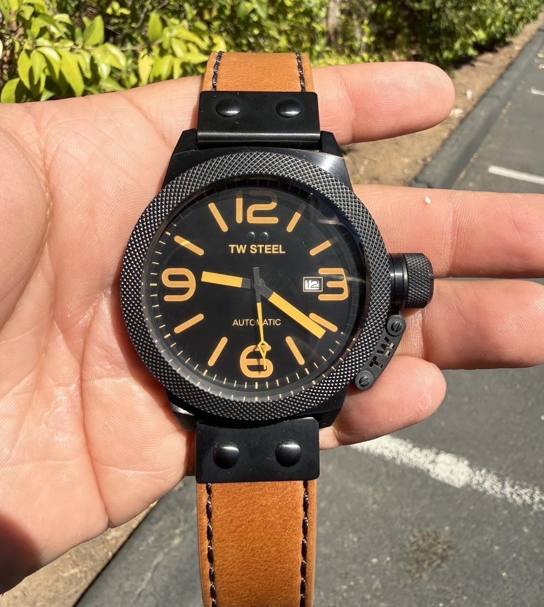 TW Steel CS46 Men’s Automatic Watch 45mm Black Dial Brown Leather Strap 100m