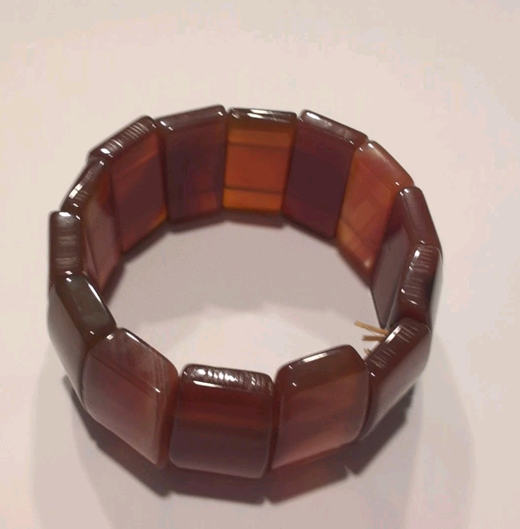 Vintage Natural Red Carnelian Agate Stretch Panel Bracelet Orange Brown Stone