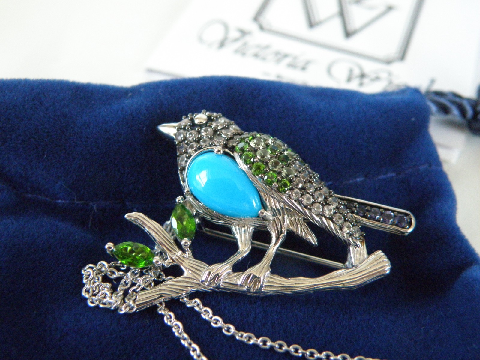 Victoria Wieck Sterling Silver 925 Turquoise Gemstone Bird Brooch Slide Necklace