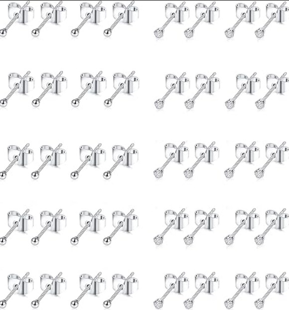 10-20 Pairs 20G 2Mm Tiny Stud Earrings 316L Stainless Steel Small CZ Ball