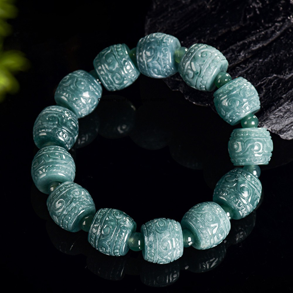 Natural Blue Water Jadeite Carved Barrel Bead Stretch Bracelet -Grade A Jade