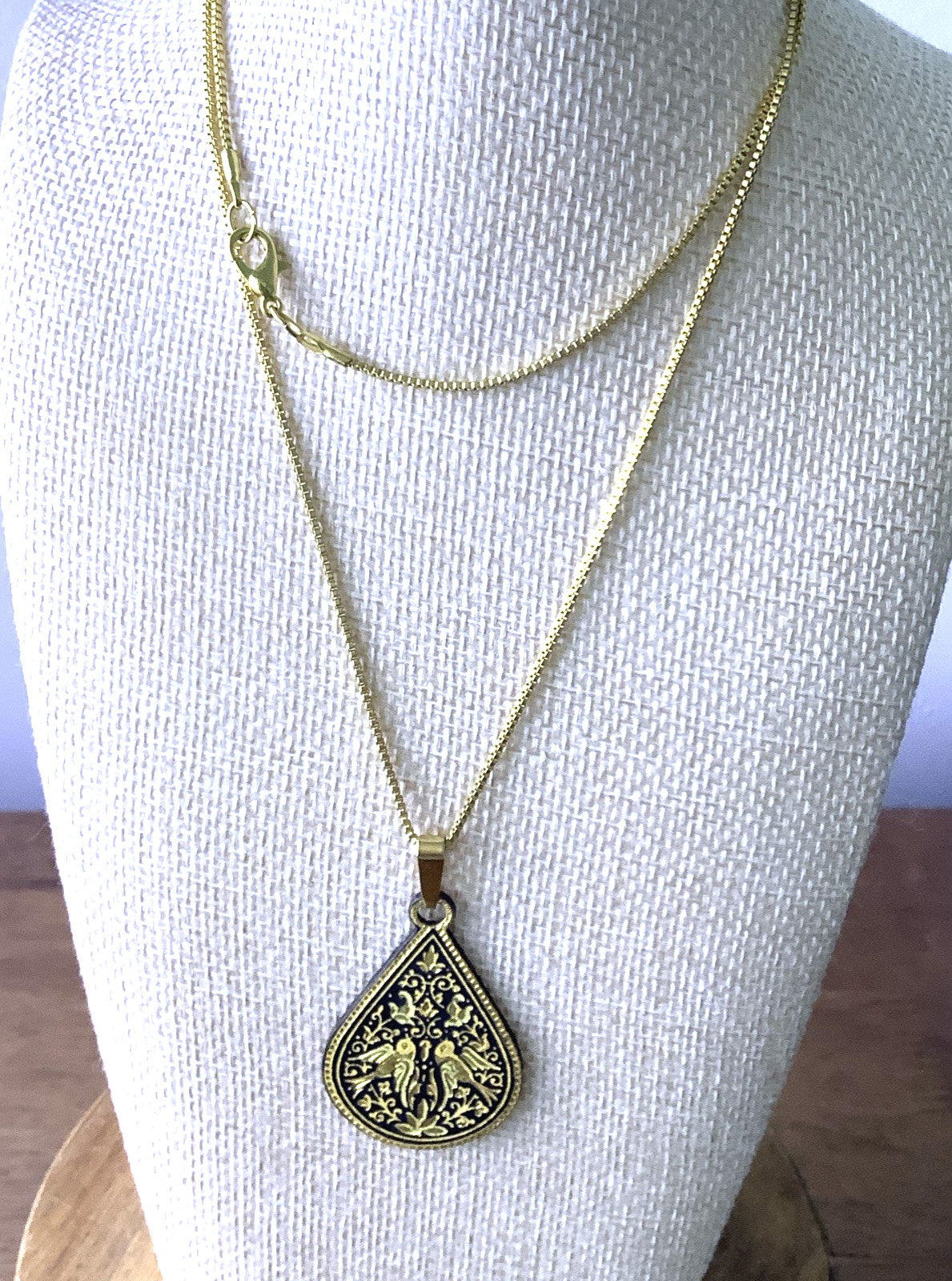 Vintage 1960 Damascene Love Bird Pendant Necklace Gold Black Toledo Style Drop