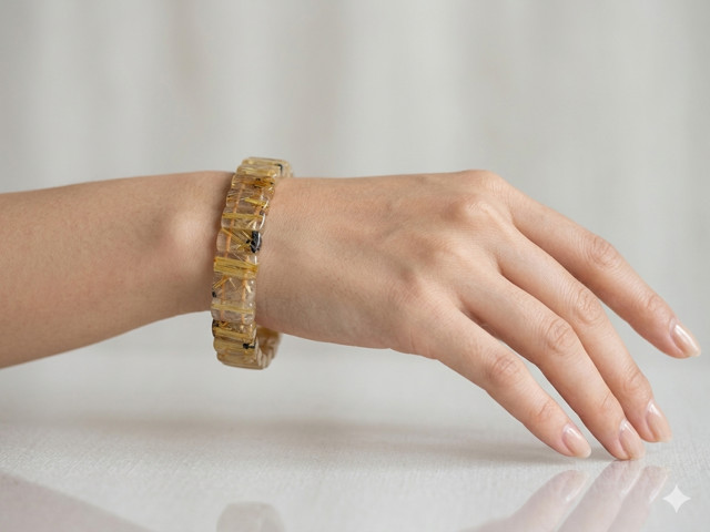 8.2″ Golden Rutilated Quartz Titanium Dioxide Inclusions Bracelet – I1414
