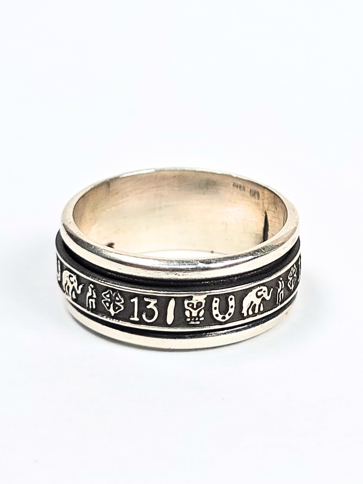 Spinner Ring Rotating Center Wide Band 925 Sterling Silver Good Luck Simbols #11