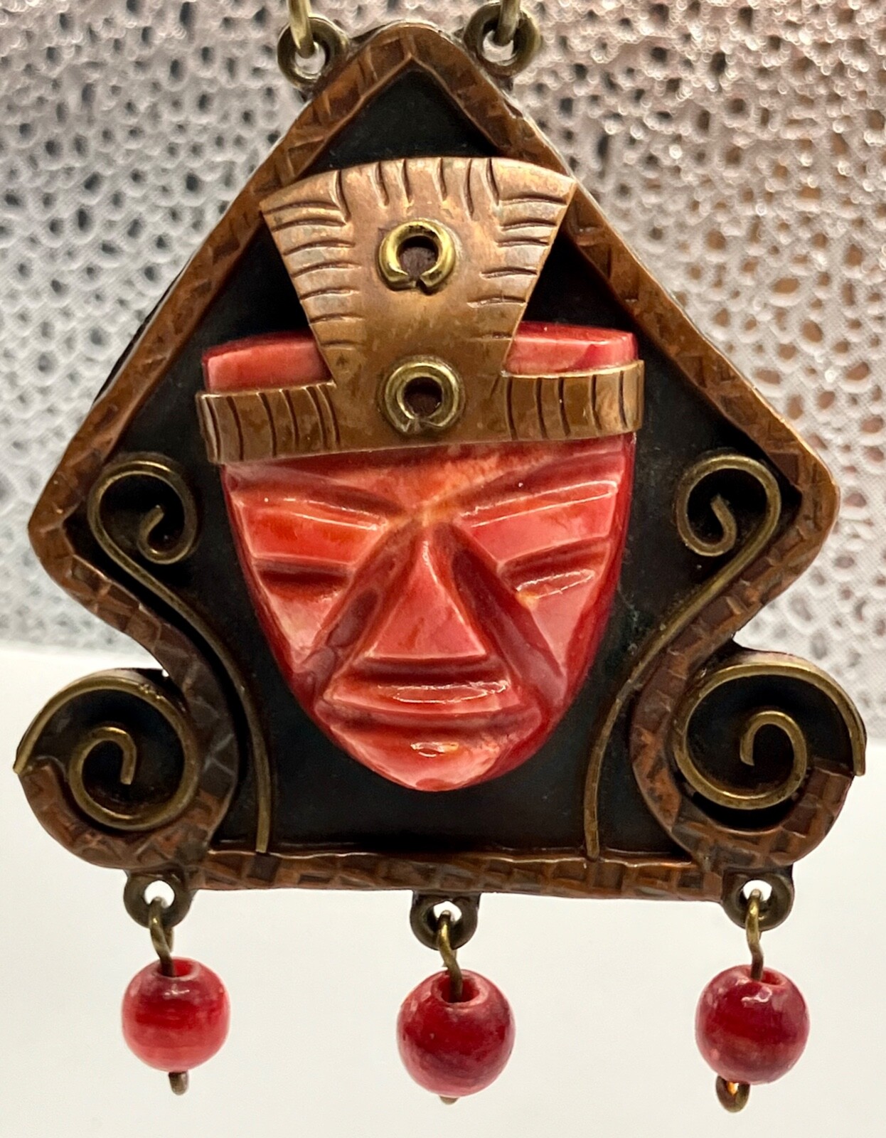Large Mexican Carved Blood Orange Agate Tribal Mask on Copper Pendant 86 grams