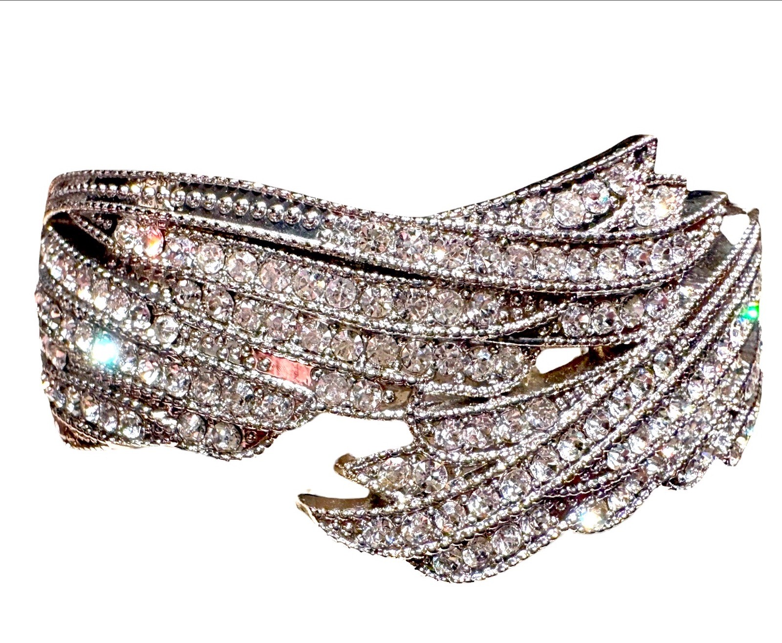DAZZLING SILVER-TONE FINISH CRYSTAL RHINESTONE HINGED CUFF STATEMENT BRACELET