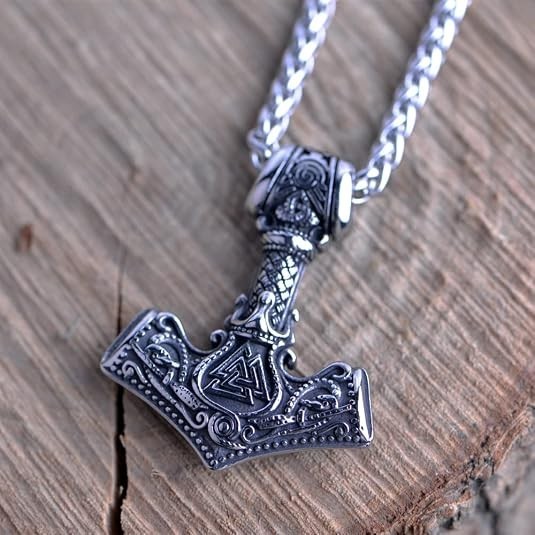 Mens Viking Necklace 2 Pack Stainless Steel Chain Braided Leather Cord Mjolnir