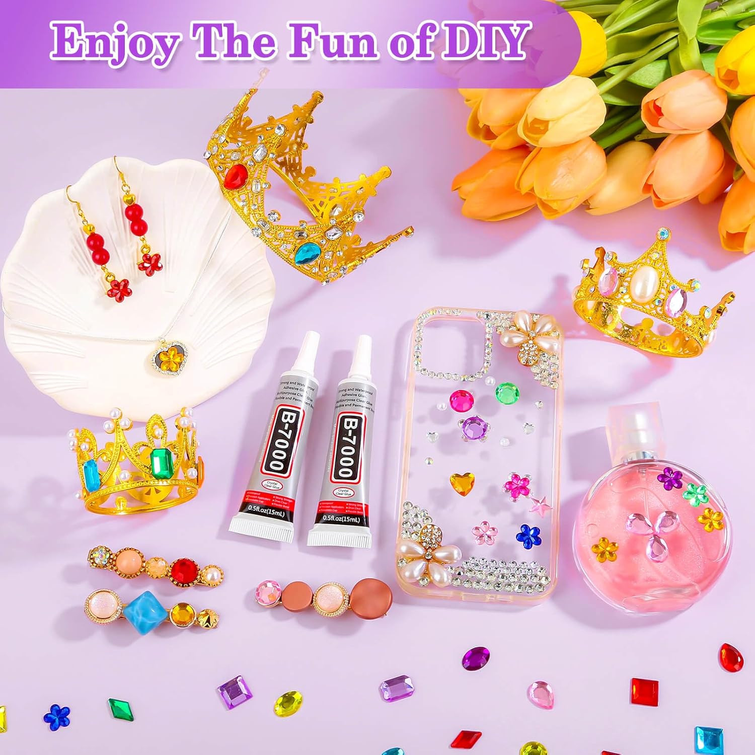 400Pcs Jewels for Bedazzling with 2 Pack B7000 Jewelry Glue, Flat Back Craft Gem