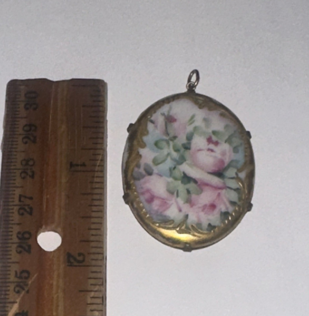Antique Hand Painted Porcelain Pendant Pink Roses Gold Tone Setting Gold-Gilt