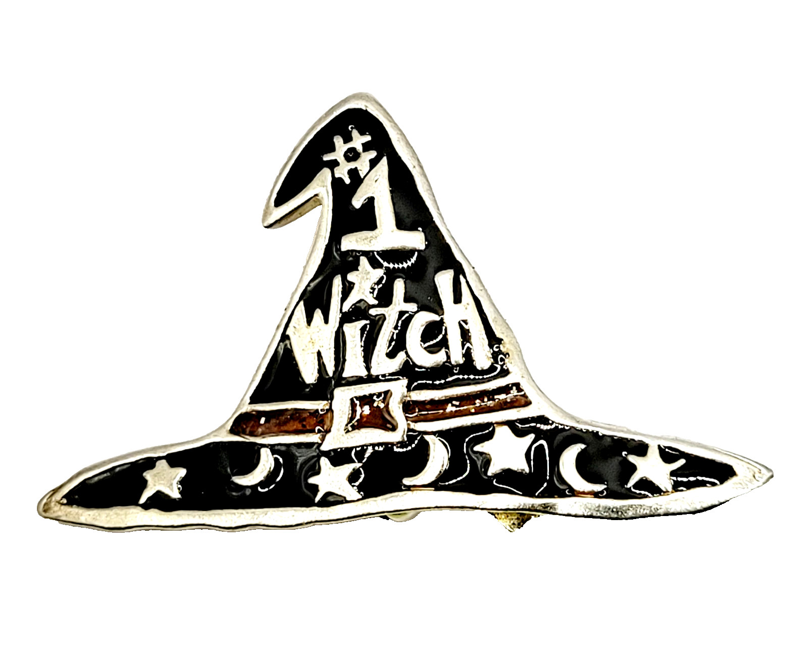 Number 1 Witch Black Witches Hat Metal and Enamel Halloween Vintage Brooch Pin