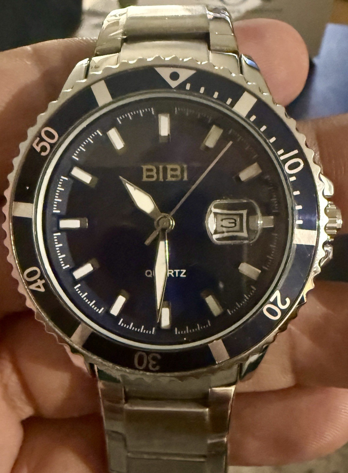 BIBI Luxury Watch Quartz Analog Date Blue Dial Diver Blue Bezel Silver Bracelet