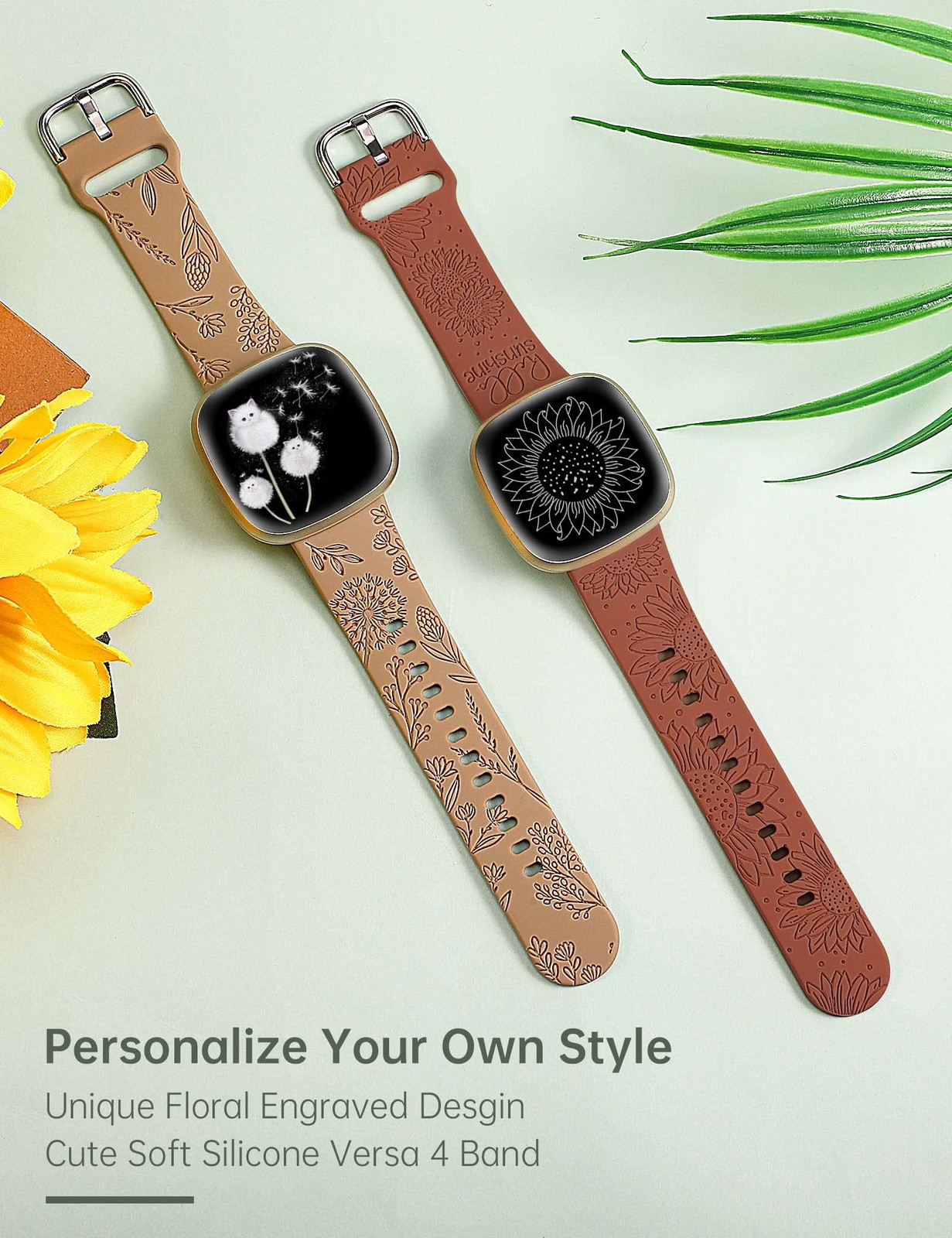 Minyee 2 Packs Floral Only for Versa 4/Versa 3/Sense 2/Sense, Walnut & Brown