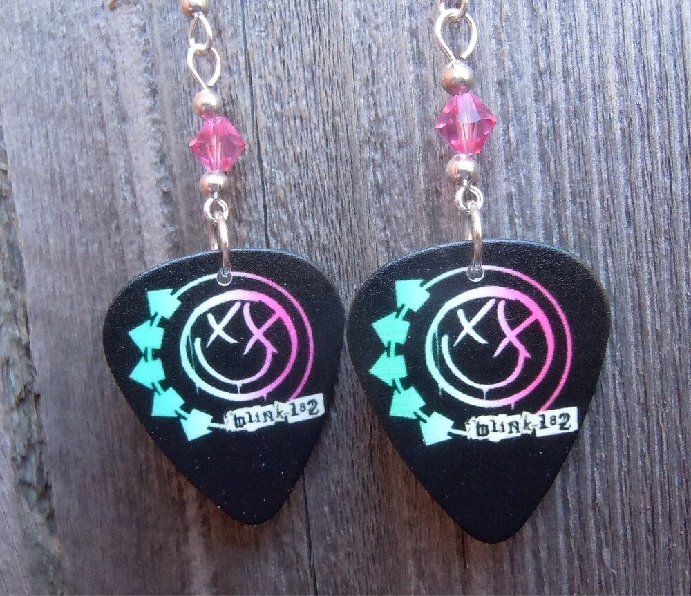 Blink 182 Self Titled Black Guitar Pick Earrings with Pink Swarovski Crystals