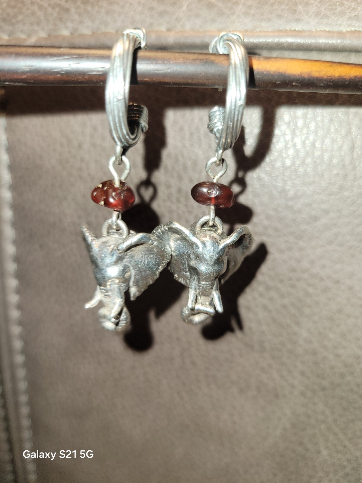 Susan Cummings Elephant Earrings Dangle Sterling Silver & Amber 2″ Long 1990s