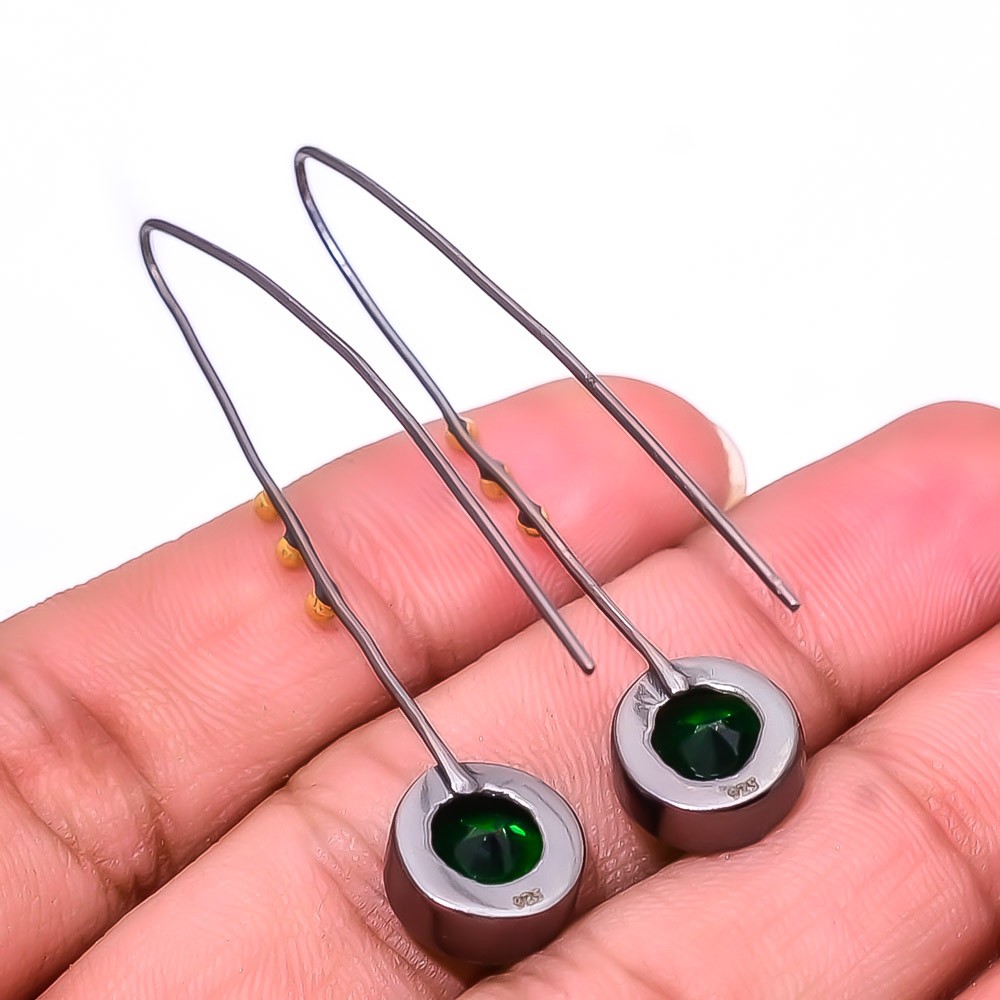Emerald (Simulated) 925 Silver Black And Gold Rhodium Plated Earring 1.95″ E30