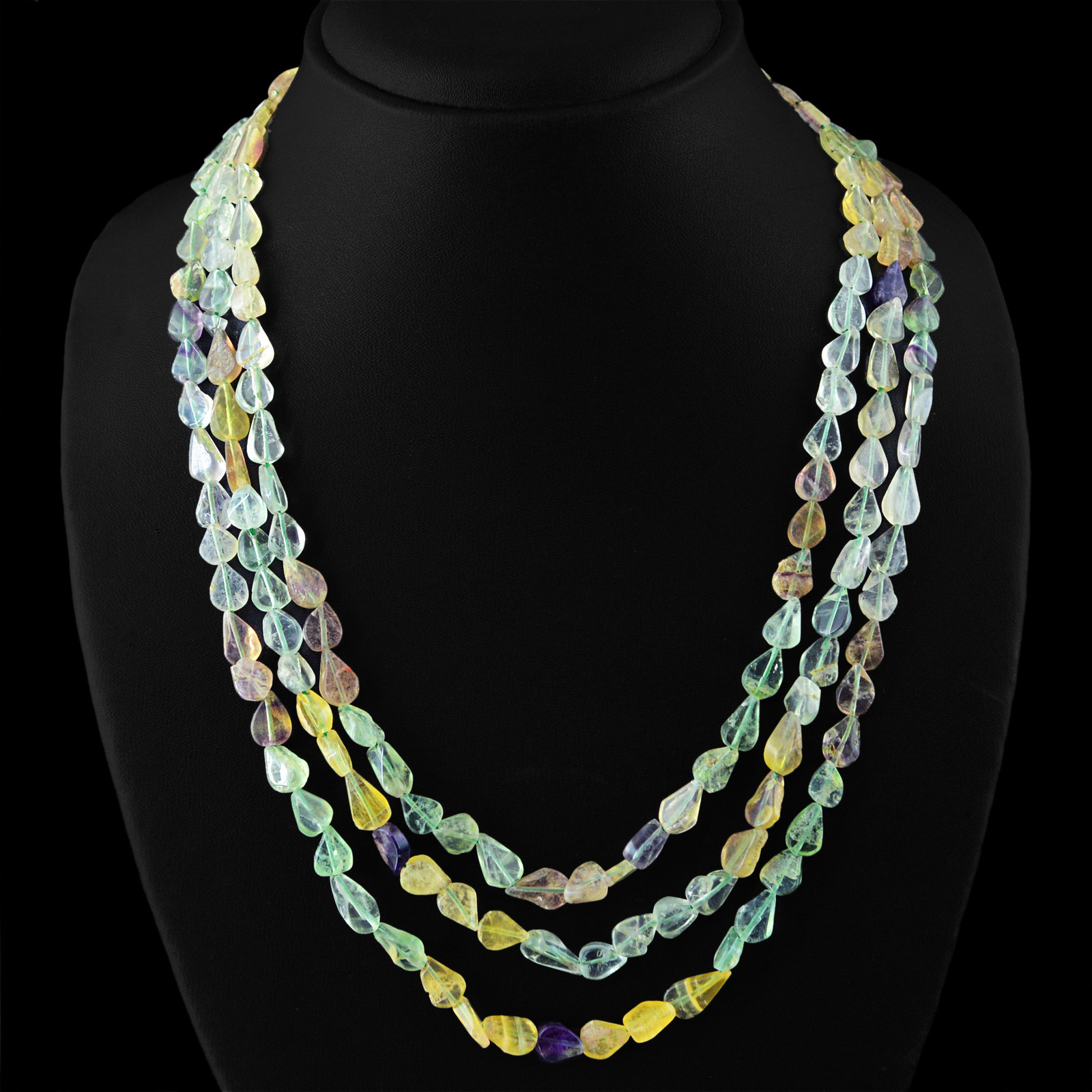 BEST QUALITY 305.00 CTS NATURAL RICH MULTICOLOR FLOURITE 3 LINE BEADS NECKLACE
