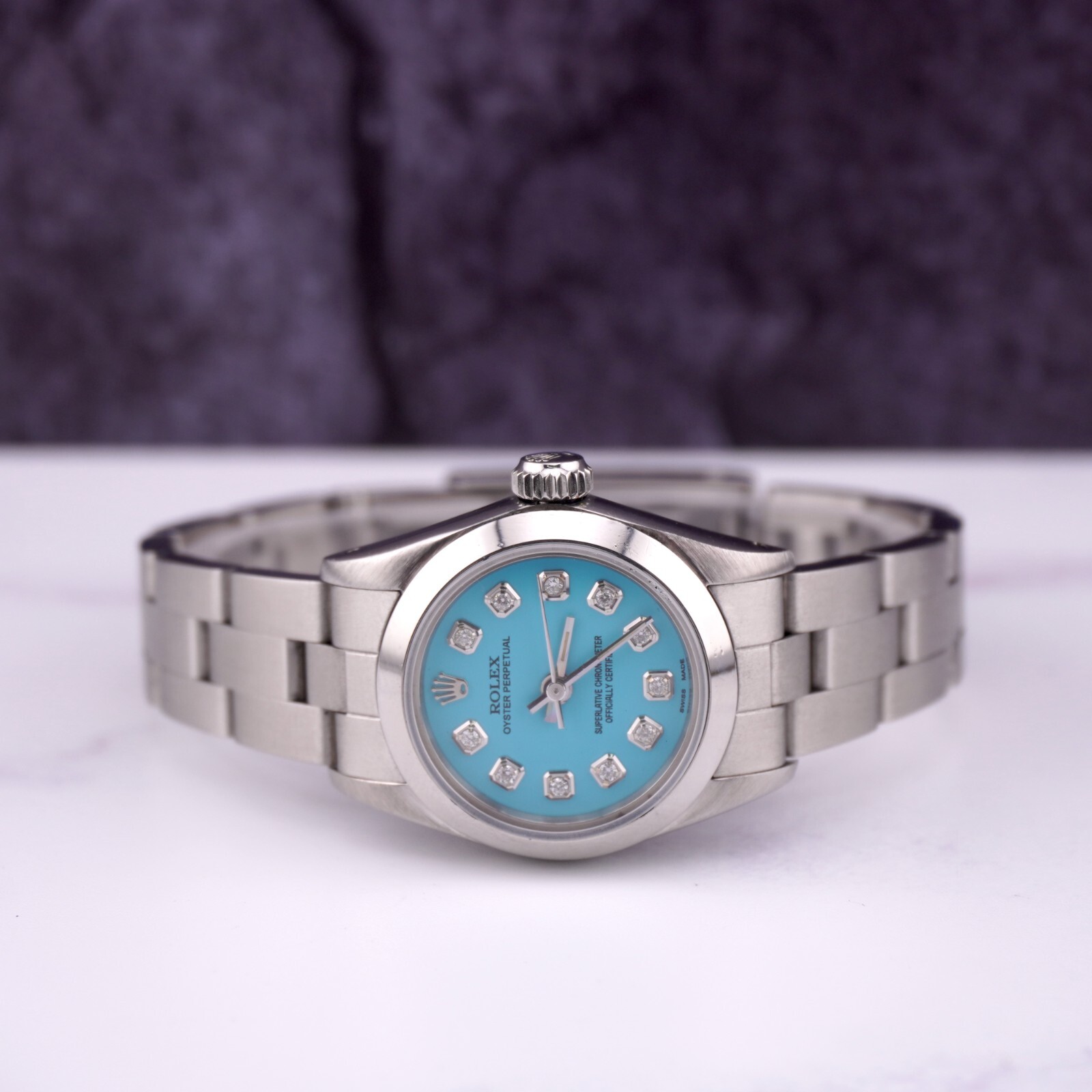 Rolex Oyster Perpetual 25mm Steel Baby Blue Diamond Smooth Oyster Ladies Watch