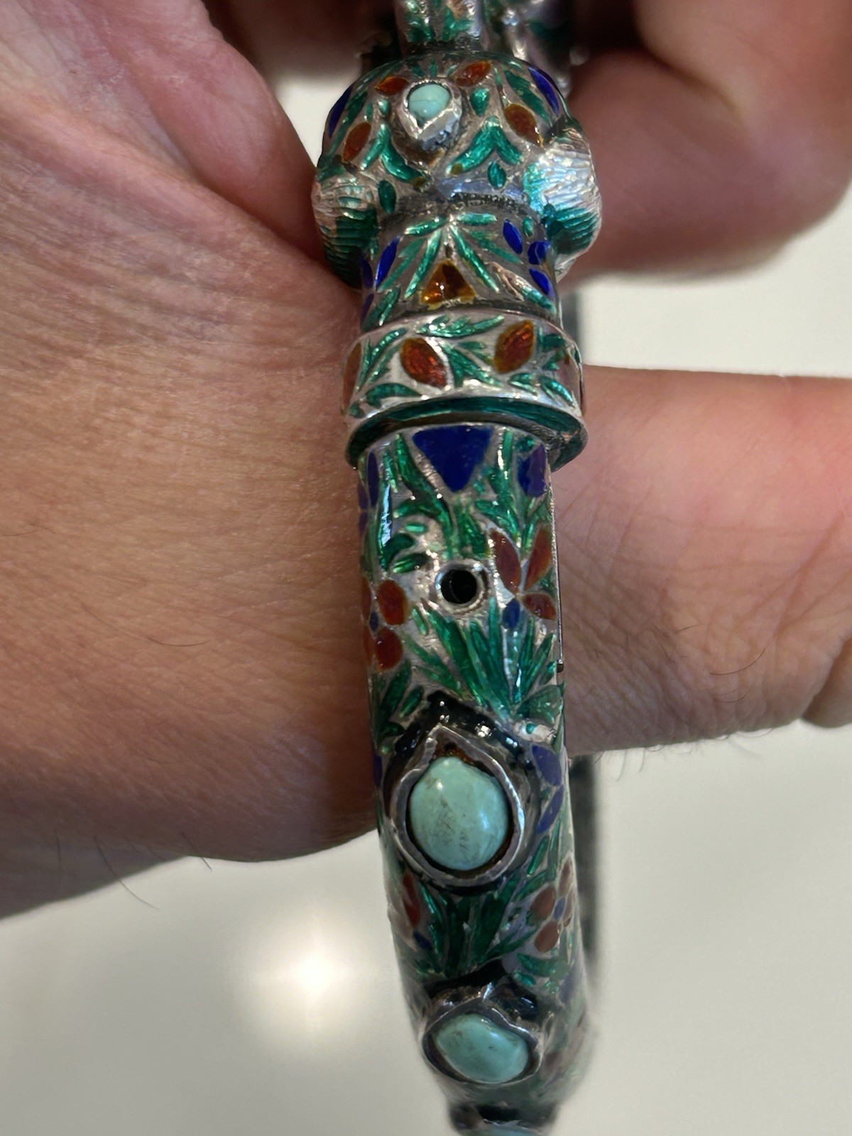 Vintage Indian Meenakari Sterling Enameled Elephant Head Bangle Turquoise AS IS
