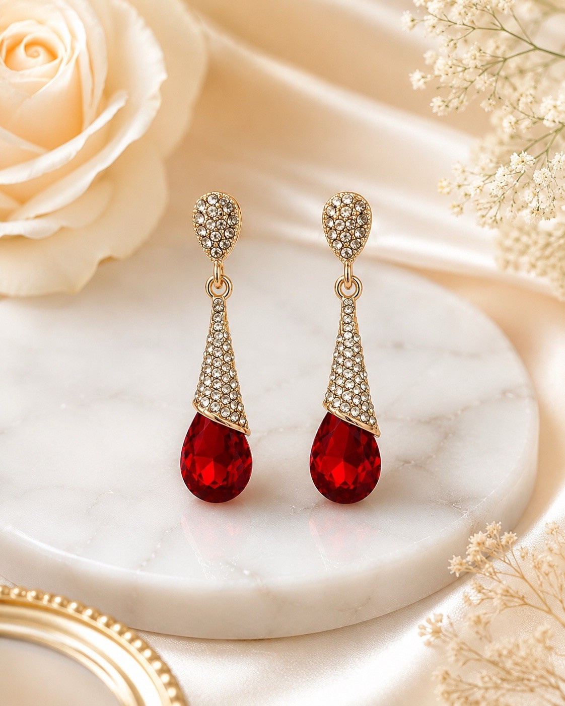 Rose Gold Red Crystal Teardrop Dangle Earrings Gift Box Included Elegant