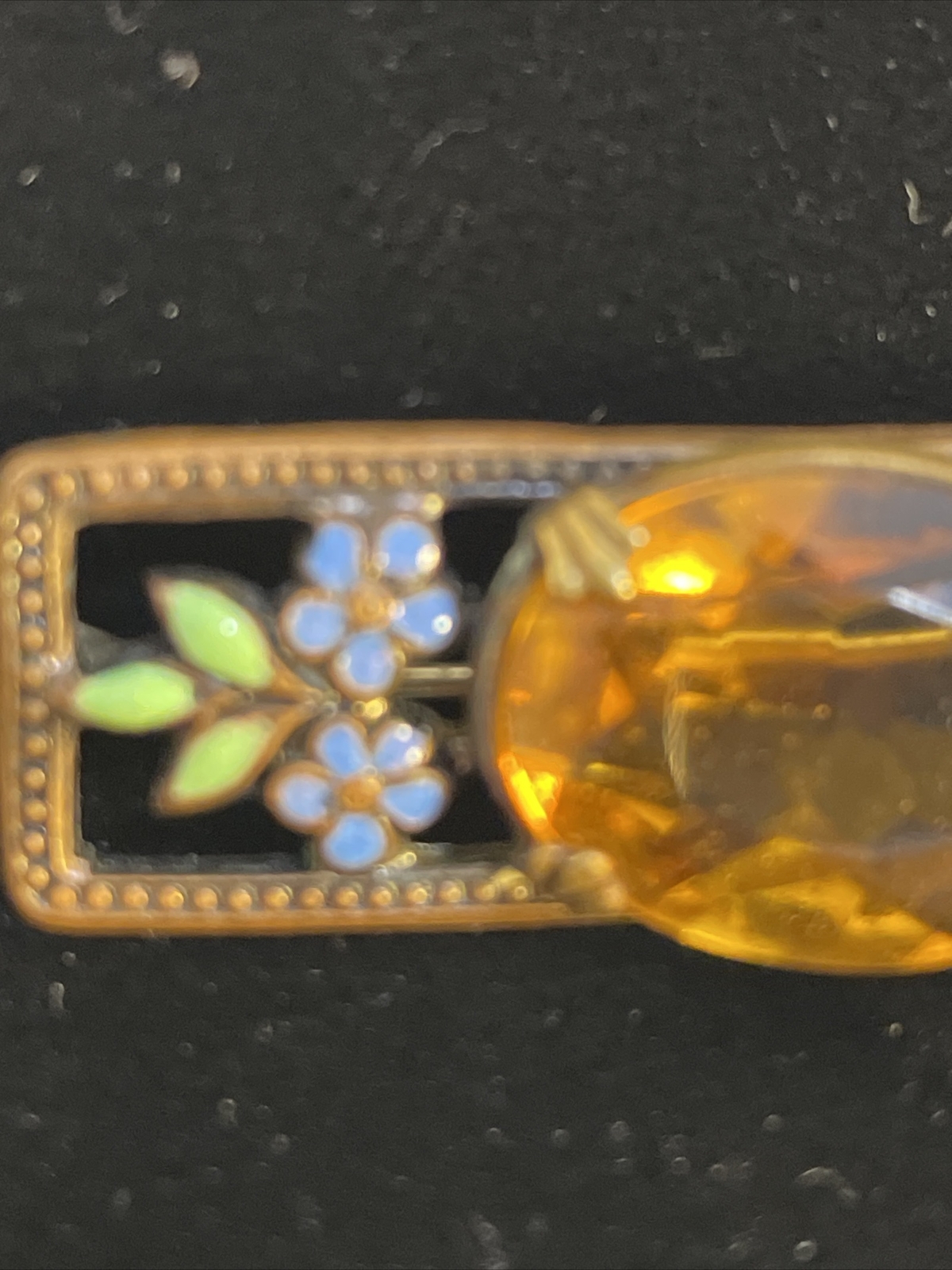 Vintage Brooch Enamel & Stone/Glass Yellow Stone Metal-Brass Or Copper Pin Bac