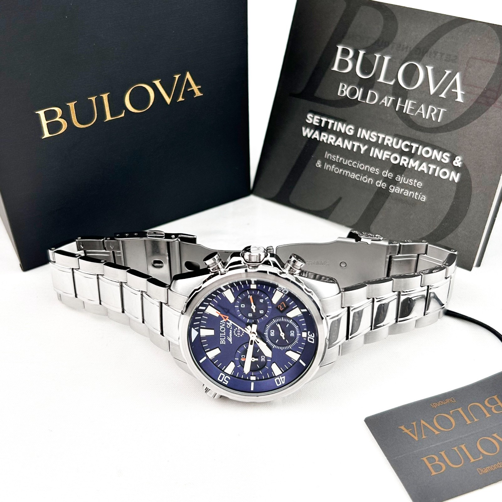 New w/box/Bulova Marine Star 96B256 Blue Dial Chronograph Men’s Quartz Watch