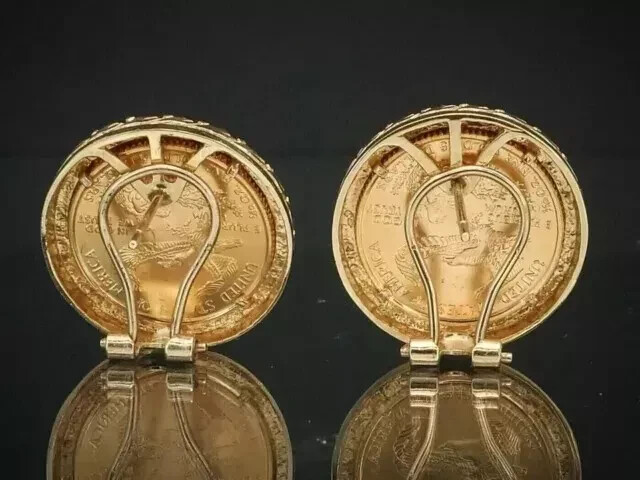 Without Stone 12 mm Coin Estate American Eagle Earrings 14K Yellow Gold Plated