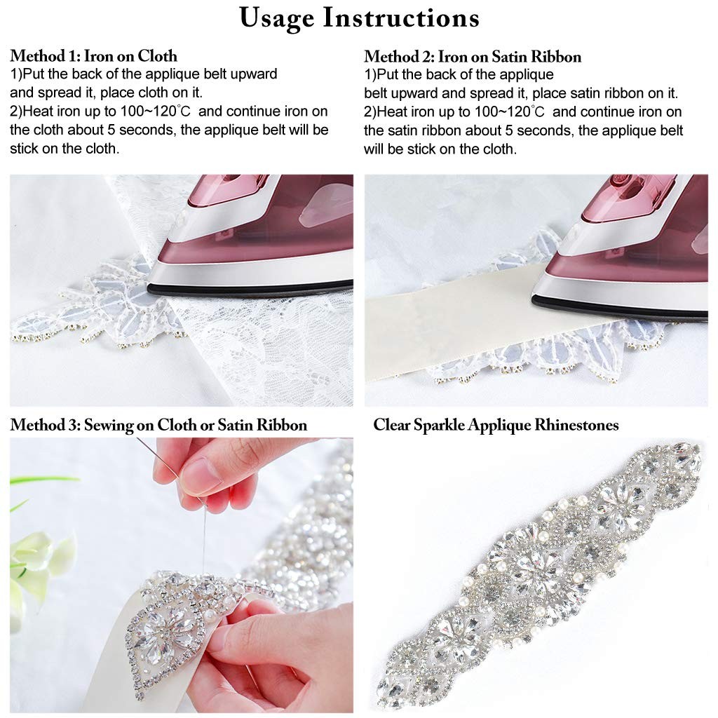 Diamante Sweet Heart Rhinestone Bridal Sash Applique, Pearl Beaded Wedding Ap…
