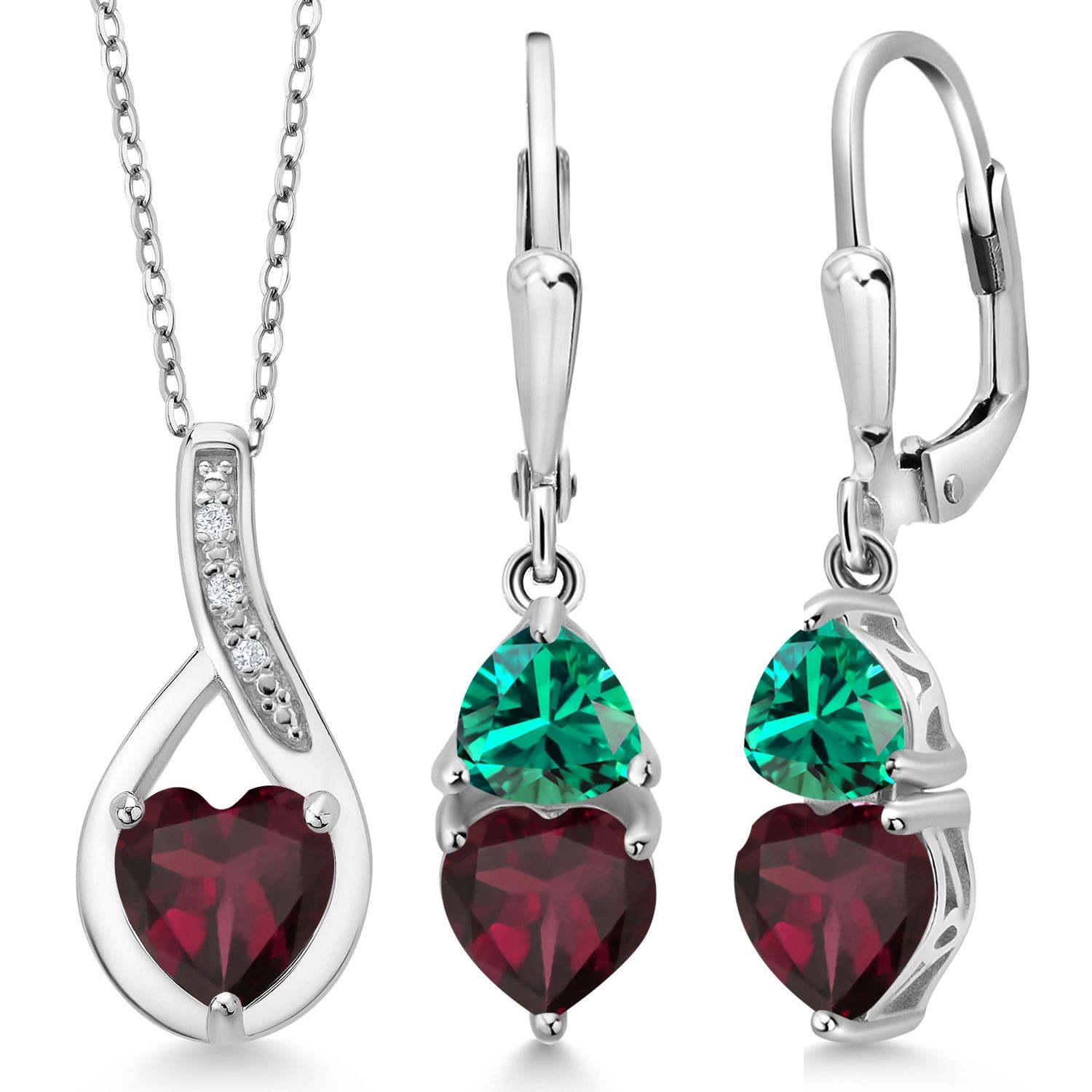 925 Sterling Silver Rhodolite Garnet and Nano Emerald Pendant Earrings Set For