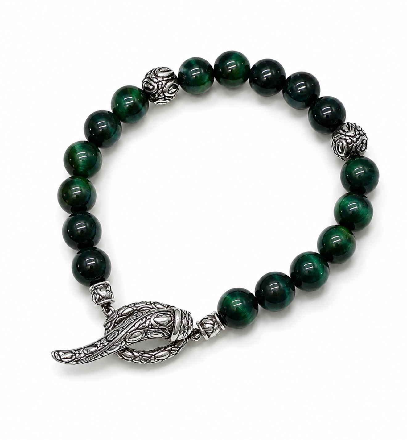 JAI John Hardy Green Tigers Eye Bead Croco Toggle Bracelet 925, 6.25 wrist, 8mm