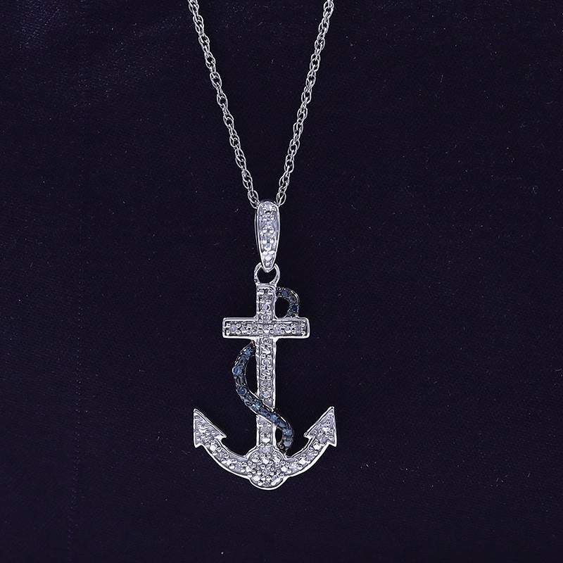 1/10ct Real Blue & White Diamond Anchor Pendant 18″ Necklace 925 Sterling Silver