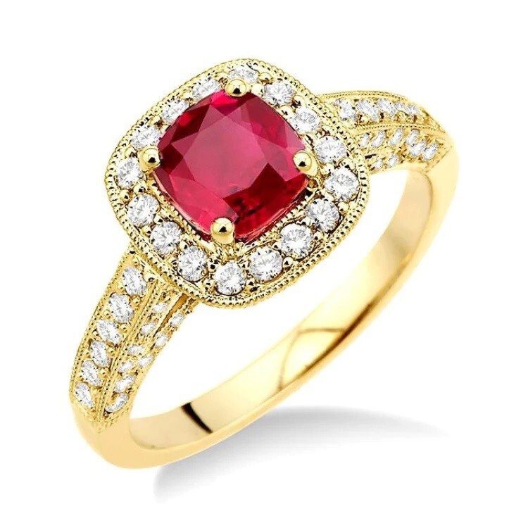 1.5ct Lab-Grown Diamond & Natural Ruby Halo Engagement Ring Real 1OK Yellow Gold