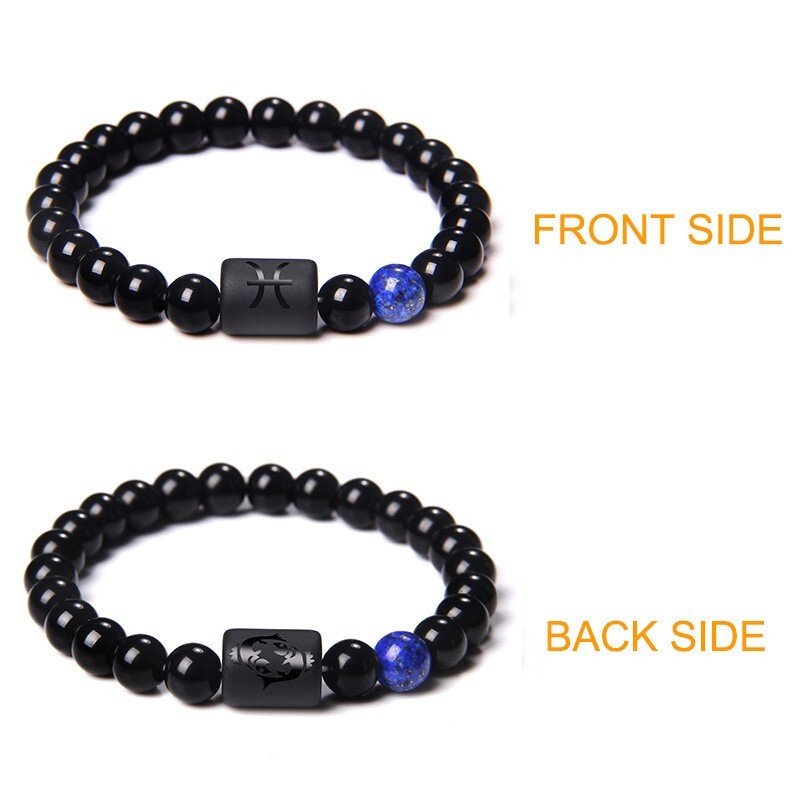 Zodiac Sign Natural Black Stone Beaded Elastic Stylish Bracelet Astrological