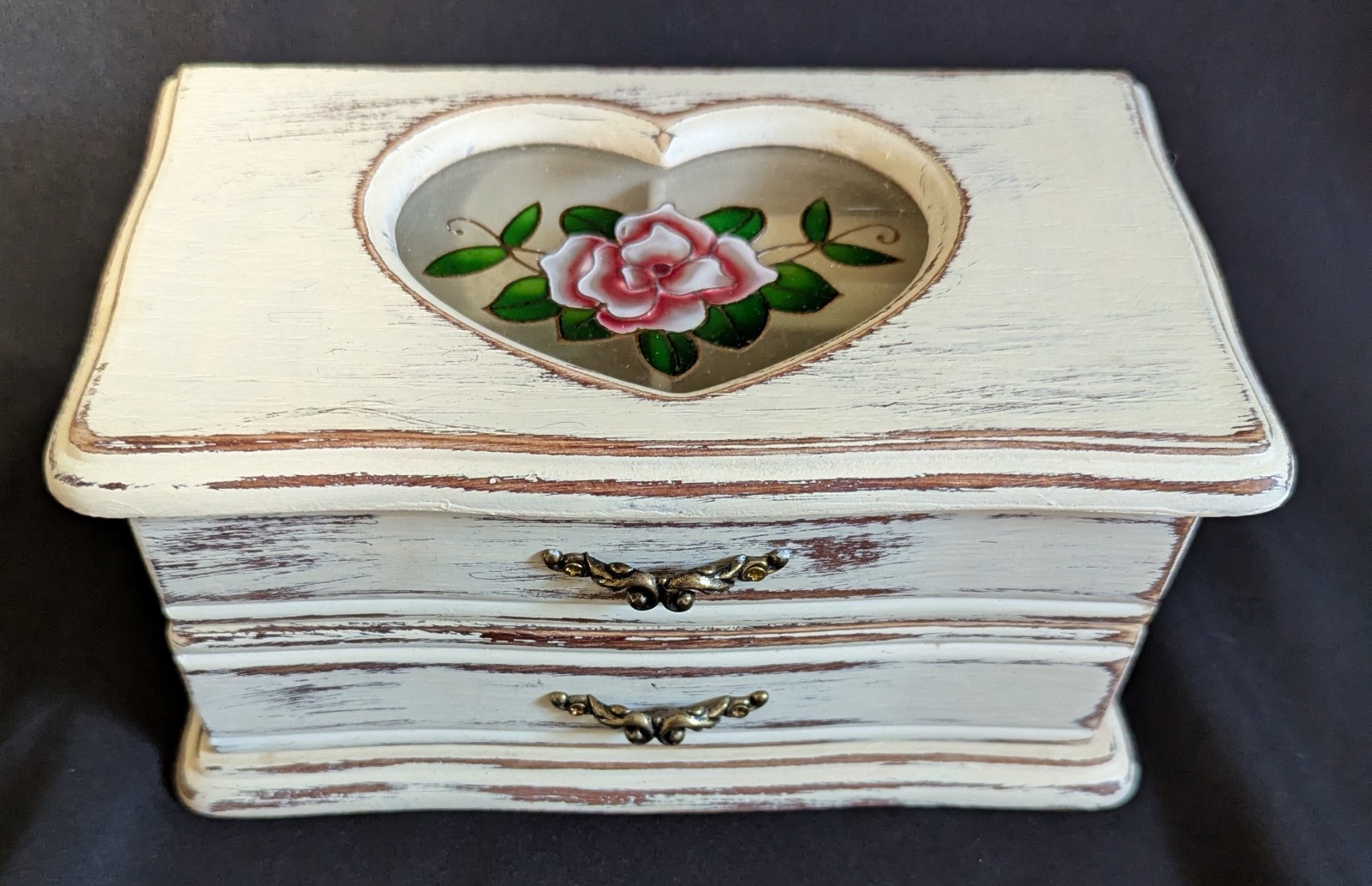 Vintage Shabby Distressed White Wooden Jewelry Box Table Top Rose Theme