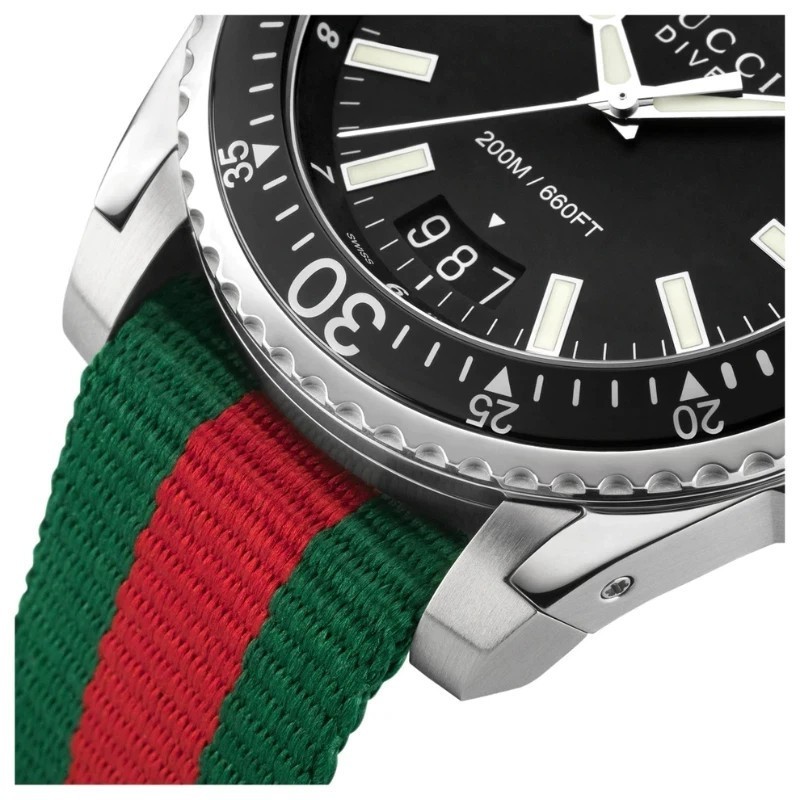 Gucci YA136206 Men’s Back Dial Dive Watch with Red and Green Nylon Band – NIB